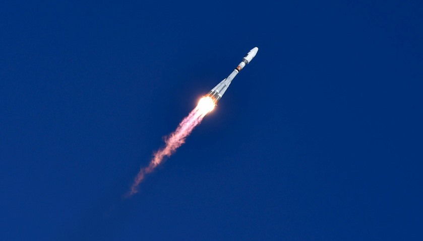 A Russian Soyuz 2.1a rocket carrying Lomonosov, Aist-2D and SamSat-218 satellites lifts off