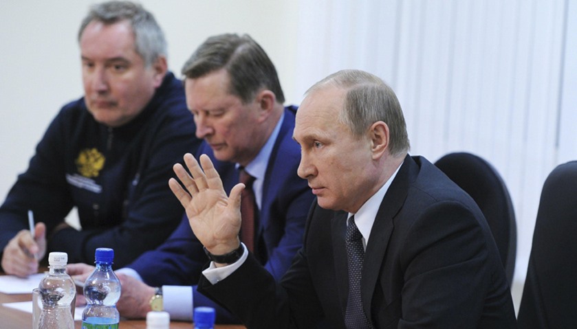 (R-L) Russian President Vladimir Putin, Sergei Ivanov and Deputy PM Dmitry Rogozin
