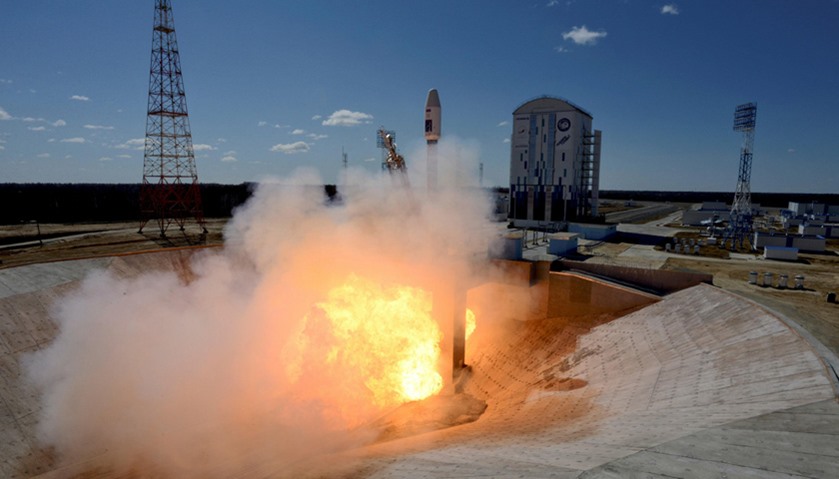 A Russian Soyuz 2.1a rocket carrying Lomonosov, Aist-2D and SamSat-218 satellites lifts off