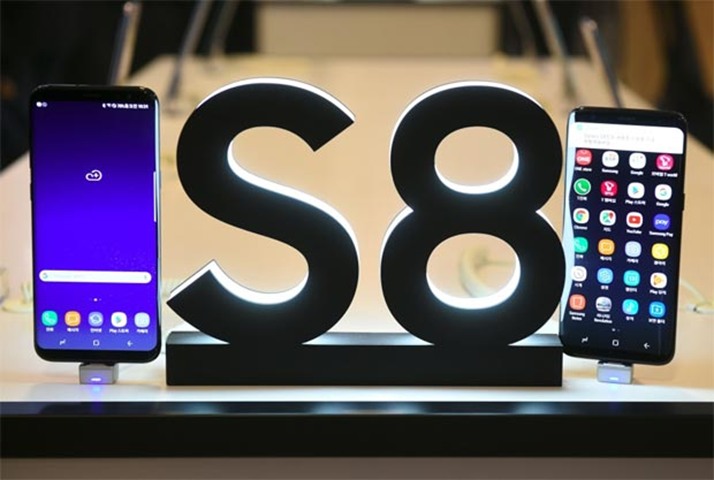 Samsung Galaxy S8 smartphones are seen at the domestic launch in Seoul on Thursday