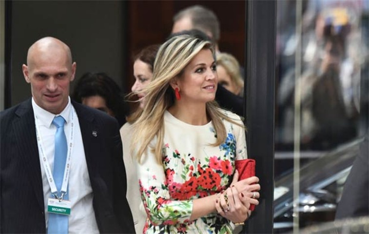 Queen Maxima of the Netherlands leaves the venue after a panel discussion at the summit