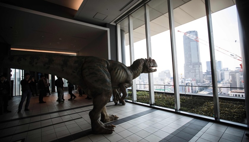 Dino-tronics robot performs as it looks at Tokyo skyline at the Sky Lobby of Hikarie building, Tokyo