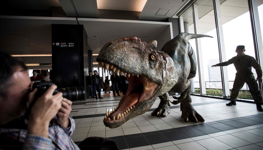 Dino-tronics robot screams at a photographer at Hikarie building in Tokyo