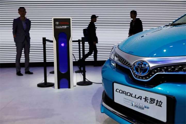 A Toyota Corolla plug-in hybrid vehicle on show in Beijing