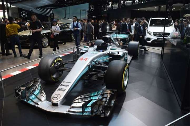 A Formula One Mercedes race car is on display at the Beijing auto show
