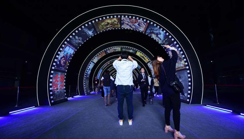 People visit a film studio at Wanda Film industrial park in Qingdao, China\'s Shandong province