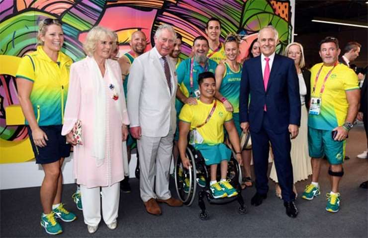Prince Charles and Camilla pose with Prime Minister Malcolm Turnbull and Australian team members