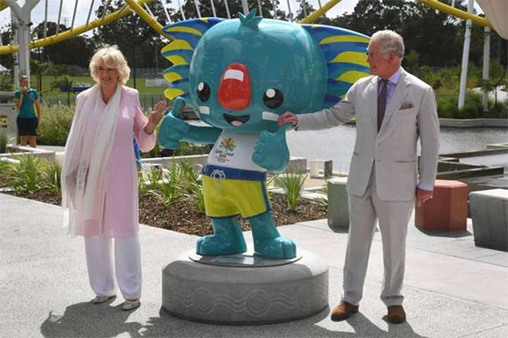 Prince Charles and Camilla pose with the 2018 Gold Coast Commonwealth Games mascot ‘Borobi’