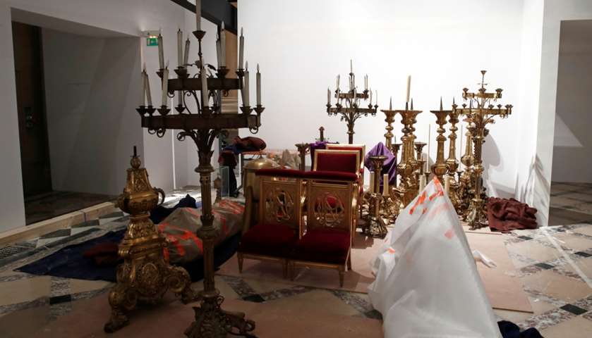 Saved treasures from Notre-Dame Cathedral are seen in a room at Paris city hall