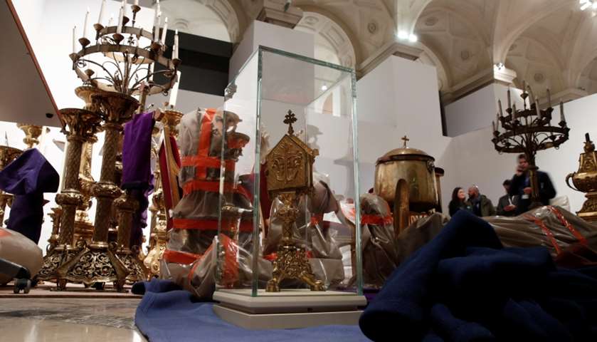 Saved treasures from Notre-Dame Cathedral are seen in a room at Paris city hall after