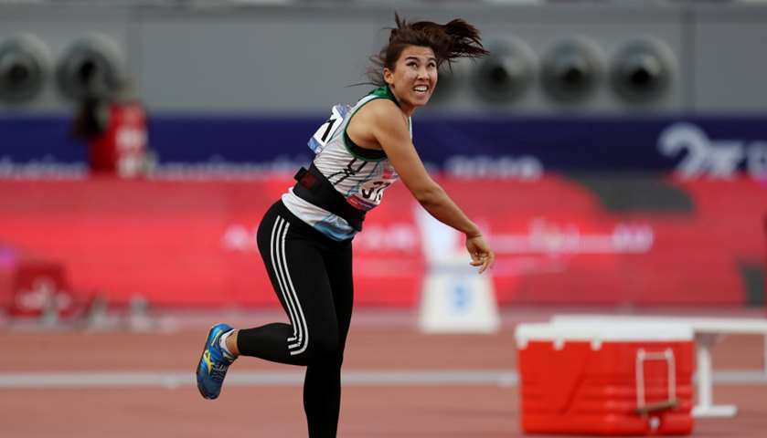 Uzbekistan\'s Sanobar Erkinova in action during the Javelin