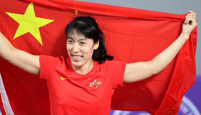 China\'s Lu Huihui celebrates after the Javelin 
