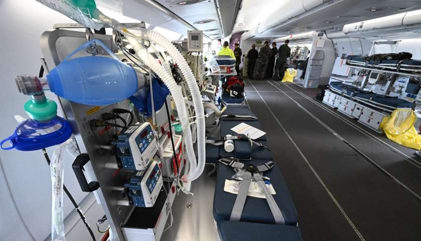 Interior of a medicalised Airbus A330 Phenix aircraft of the French Army before taking off from the 