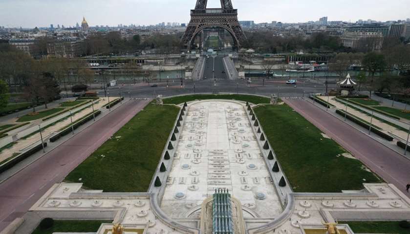 An aerial view shows the deserted Trocadero gardens near the Eiffel tower