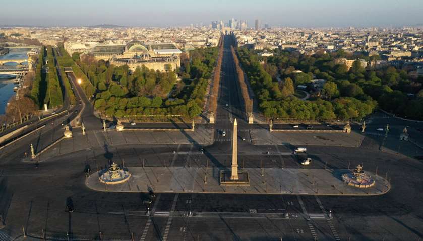 An aerial view shows the deserted Place de la Concorde and Champs Elysees Avenue in Paris