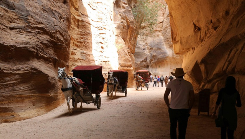 Touristic horse carriages ride in the ancient city of Petra in Jordan