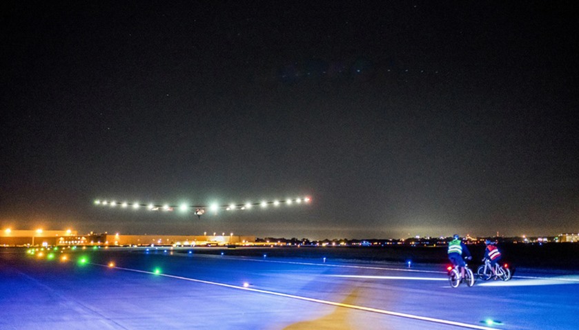 Solar Impulse 2 (Si2), a solar-powered plane, lands at Tulsa International Airport