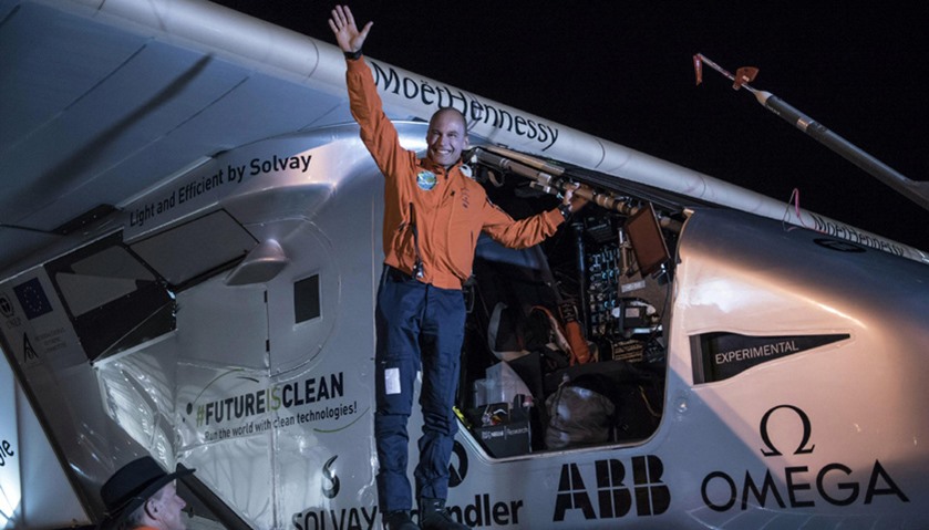 Swiss adventurer Bertrand Piccard reacts prior to the take off with Solar Impulse 2