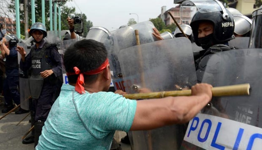 Federal Alliance activists, members of the Madhesi and ethnic communities, scuffle with police