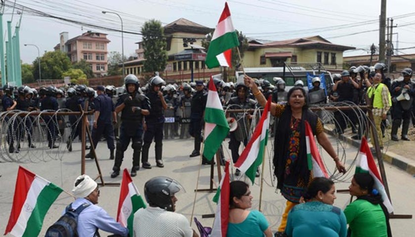 Members of the Madhesi and ethnic communities participate in a demonstration against the government