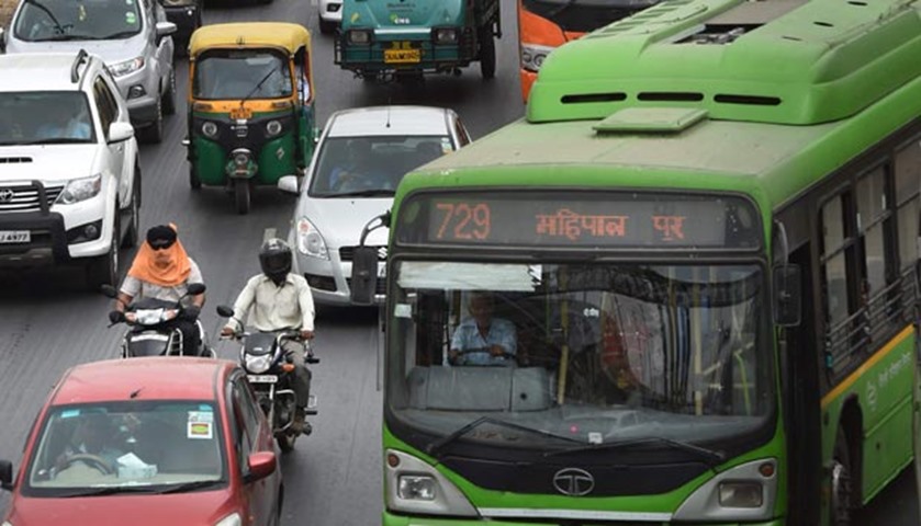 A CNG (compressed natural gas) bus is caught in the traffic jam in Delhi