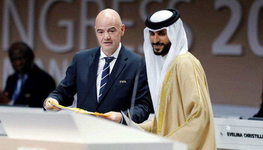 Infantino presents FIFA flag to Chairman of Supreme Council for Youth and Sports, Sheikh Nasser bin 