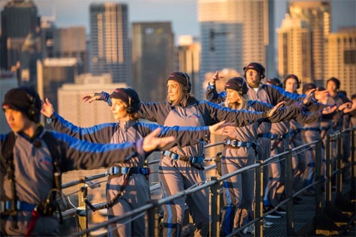 The martial arts class in progress on the Sydney Harbour Bridge on Tuesday
