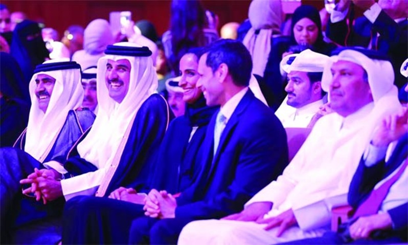 HH the Emir, HH the Father Emir and HE Sheikha Hind are seen with other dignitaries