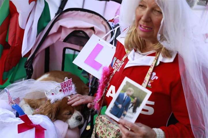 Royal well-wisher Anne Daly holds a photo of Prince Harry and Meghan Markle with her dog Camilla
