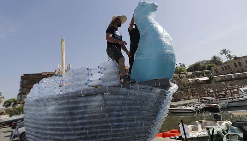 Activists build boat from plastic water bottles in Beirut