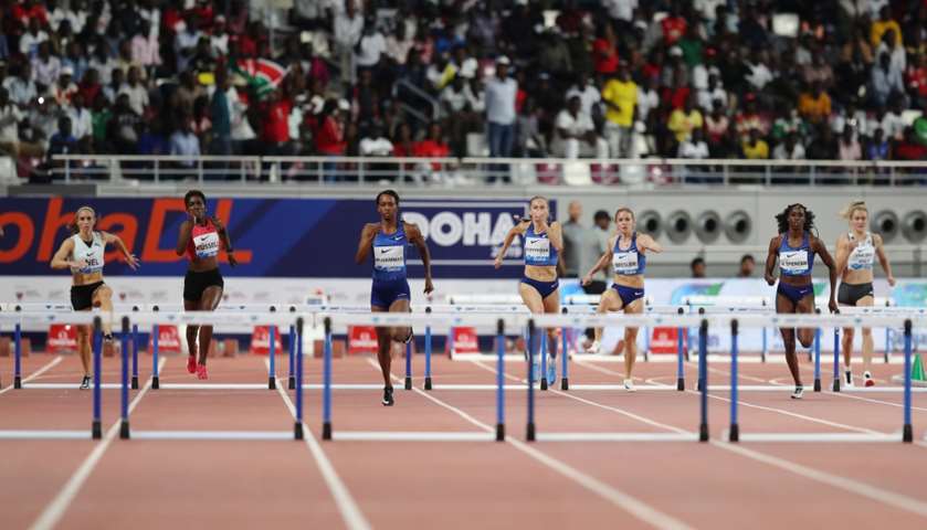 Dalilah Muhammad of the US in action before winning the women\'s 400m hurdles