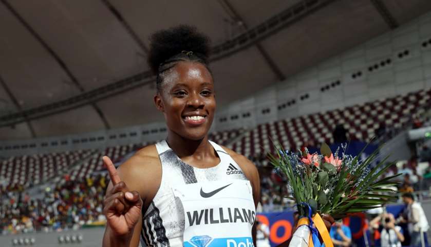 Jamaica\'s Danielle Williams celebrates winning the women\'s 100m hurdles 
