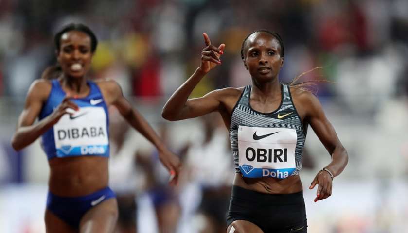 Kenya\'s Hellen Obiri celebrates winning the women\'s 3000m