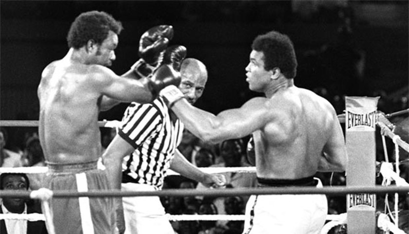 Muhammad Ali (right) and George Foreman in action in Kinshasa in this file photo taken in 1974
