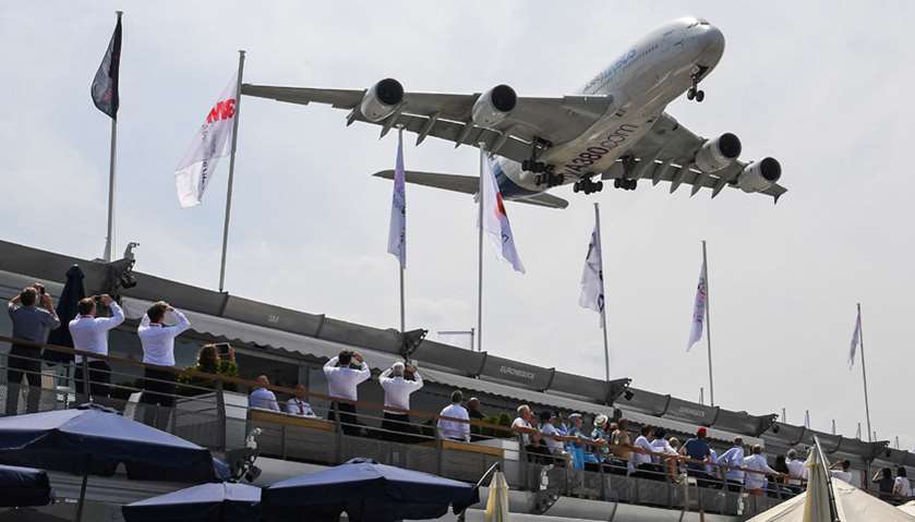 An Airbus A380 jet airliner prepares to land during the International Paris Air Show