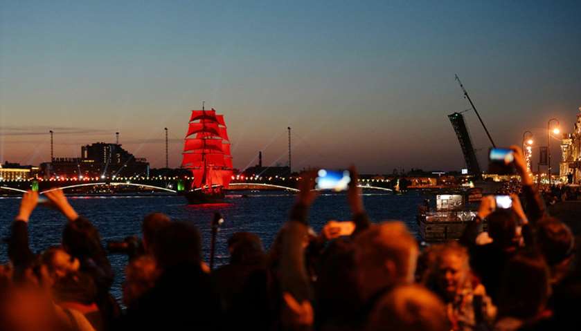 A vintage ship sails on the Neva River in central Saint Petersburg during the \"Scarlet Sails,\" holid