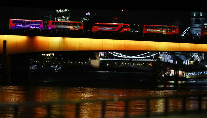 Idle buses are seen from the west side of London Bridge after an incident in the area in London