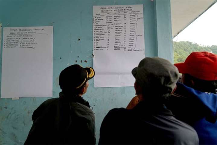 Family members look at a list of survivors at the Lake Toba ferry port in North Sumatra