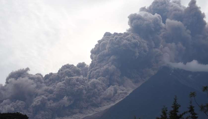 The Fuego Volcano in eruption, seen from Alotenango municipality, Sacatepequez department