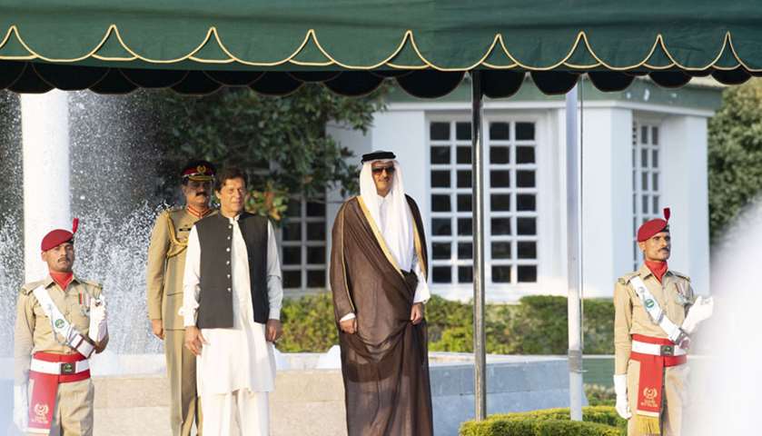 His Highness the Amir accompanied by  Prime Minister Imran Khan during the ceremonial reception

