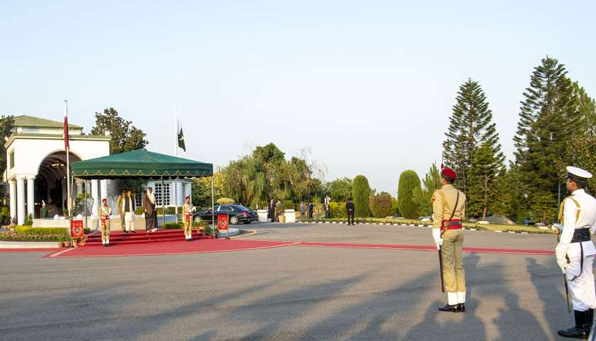 His Highness the Amir accompanied by  Prime Minister Imran Khan during the ceremonial reception
