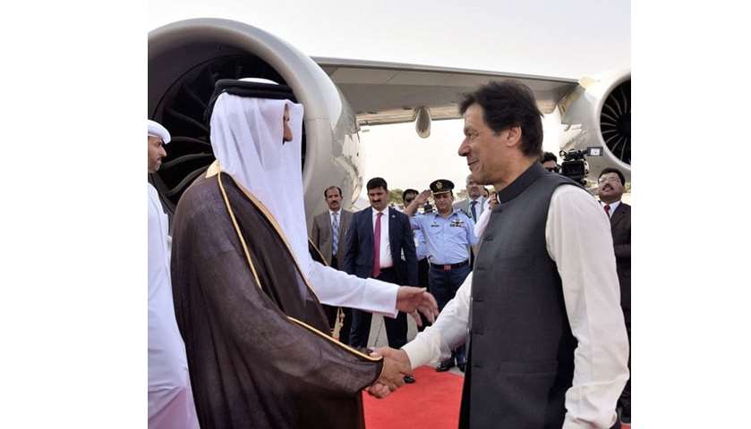 His Highness the Amir being received by Pakistani Prime Minister Imran Khan at Noor Khan Air Base.