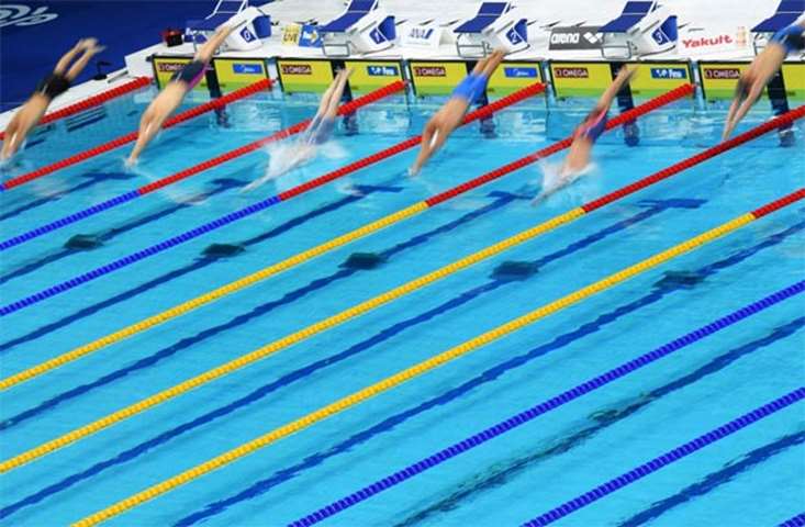 Swimmers dive at the start of a men\'s 50m butterfly heat during the competition on Sunday