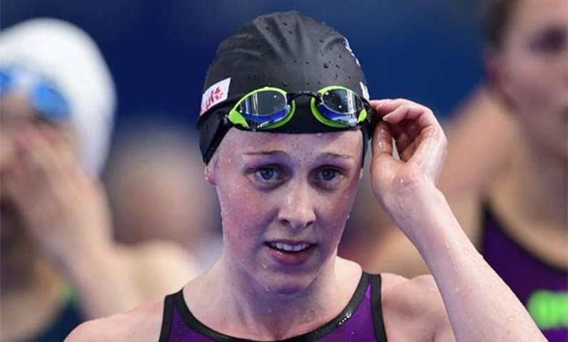 Great Britain\'s Hannah Miley reacts after the women\'s 200m medley heat