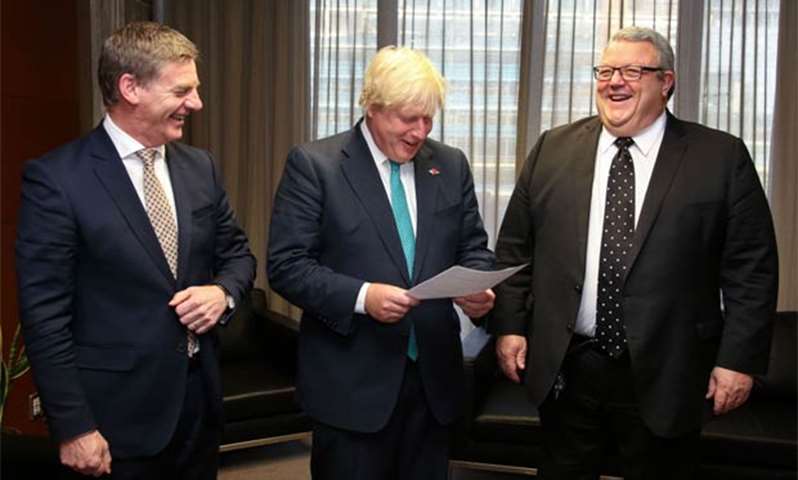 Boris Johnson enjoys a lighter moment with New Zealand PM Bill English and FM Gerry Brownlee