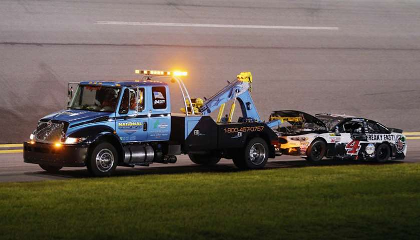 Jimmy John\'s Ford, driven by Kevin Harvick (not pictured) is towed off the track
