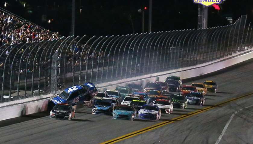 Kyle Larson car is involved in an on-track incident during the Monster Energy NASCAR Cup Series
