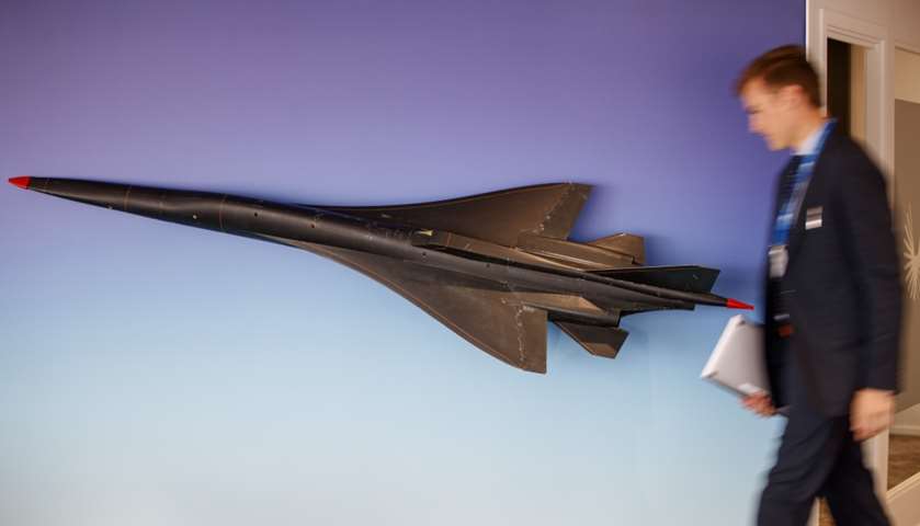 A wind tunnel model of the Boom Supersonic XB-1 is displayed at the Boom Supersonic showroom