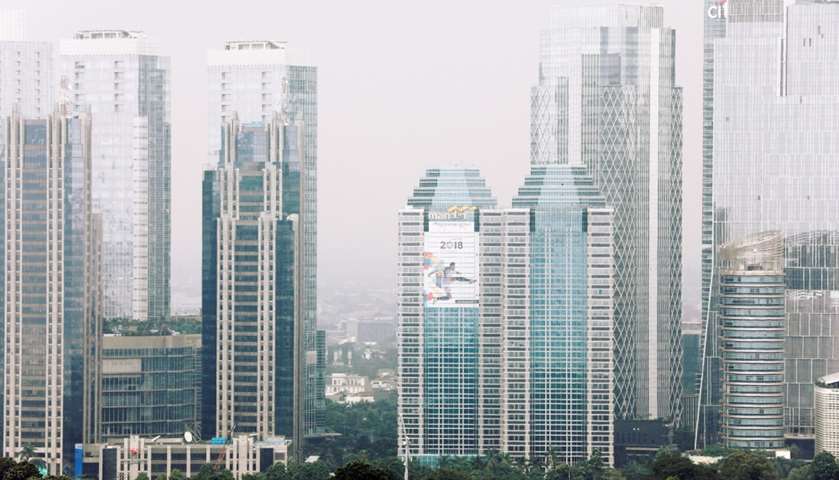 Banner of Asian Games 2018 is seen on Mandiri bank building in Jakarta