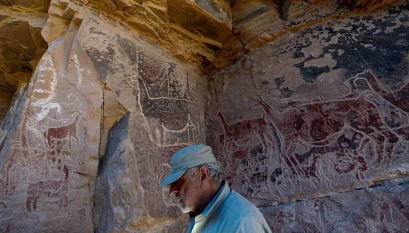 Chilean archaeologist Jose Berenguer is pictured in front of drawings at the Taira Cave